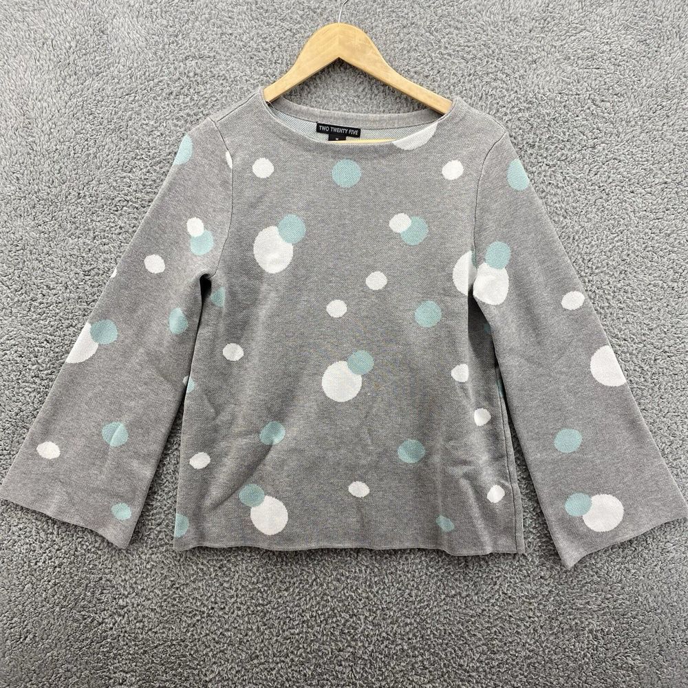Two Twenty Five Pullover Sweater‎ Womens M Gray Aqua Polka Dot Long Sleeves